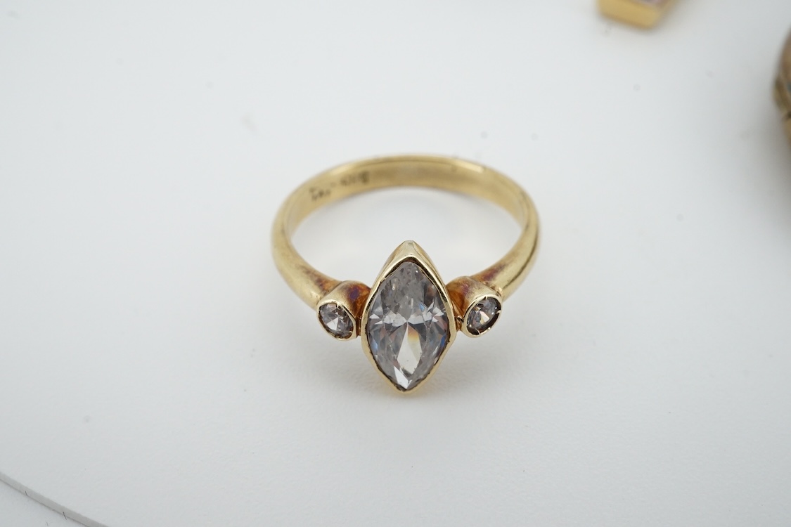 Two modern 9ct gold and cubic zirconia set rings, including white gold, two other simulated diamond set rings, together with an Italian cross pendant, a cameo brooch and an oval gilt metal locket.